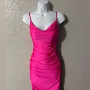 B. Darlin 11/12 Fuhsia Pink Spaghetti Strap Cowl Neck Shirred Bodycon Dress